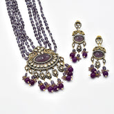 Aadhya Pearl Long Antique Necklace Set - Purple - The Pashm